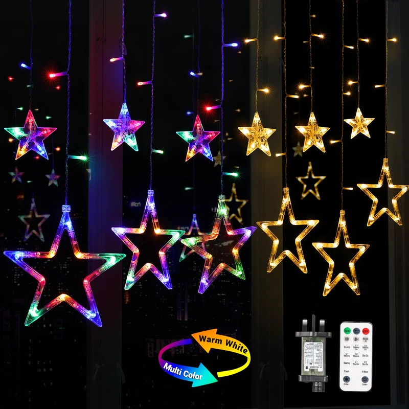 Battery Powered Christmas Curtain Lights - Quntis 138 LED 12-Star, Multicolor Festive Starry Decor for Holiday & Xmas Decoration
