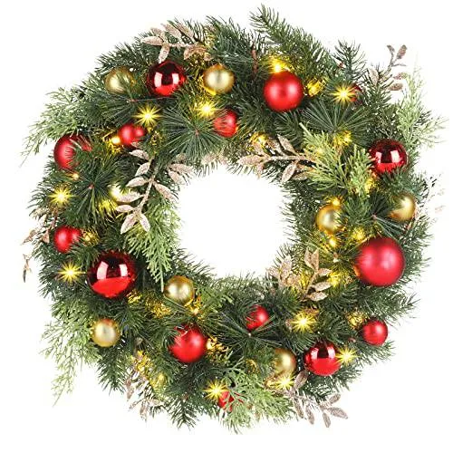 16 Inch Christmas Wreath with 40 Warm LED Lights, Realistic PE Spruce with Red & Gold Ornaments, Battery-Powered, Safe & Durable Holiday Decor for Home