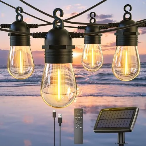 Quntis 52FT Solar String Lights, Shatterproof G40 LED Bulbs with Remote, Warm White Waterproof Lighting for Garden