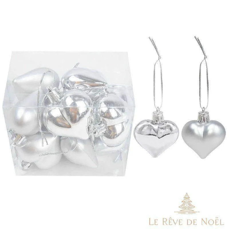 Lot de 12 boules de Noël coeur - Argent