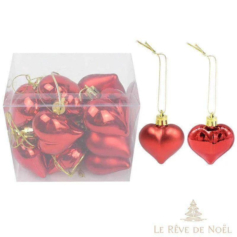 Lot de 12 Boules de Noël coeur - Rouge