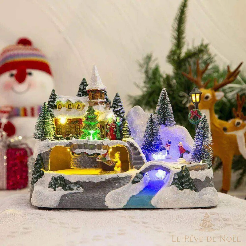 Village illuminé de Noël - Neige et sapin