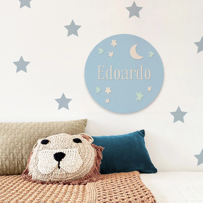 Round Acrylic Blue Moon and Stars - Customizable Name