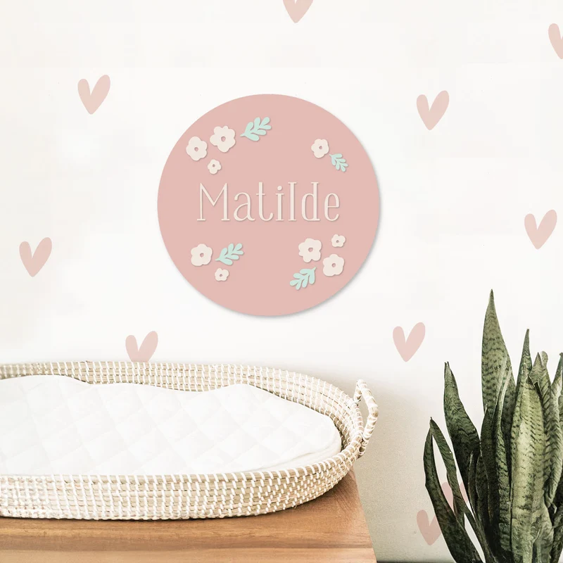 Round Acrylic Pink Flowers - Customizable Name