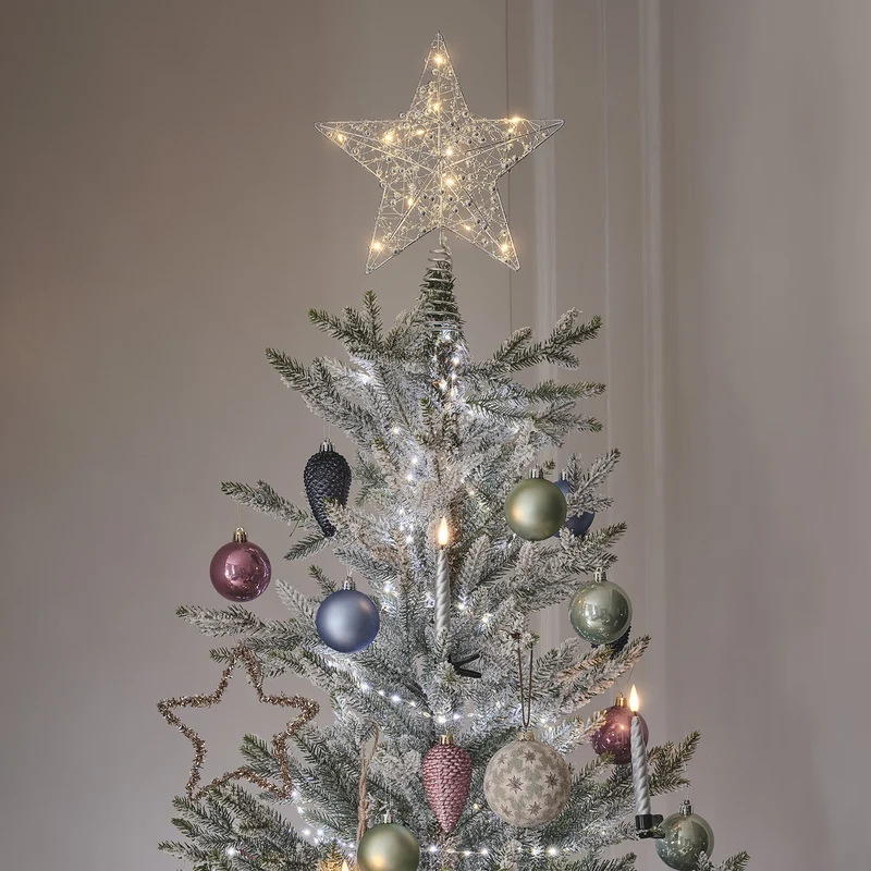 Cimier de Sapin Étoile Argentée à Perles et Micro-LED