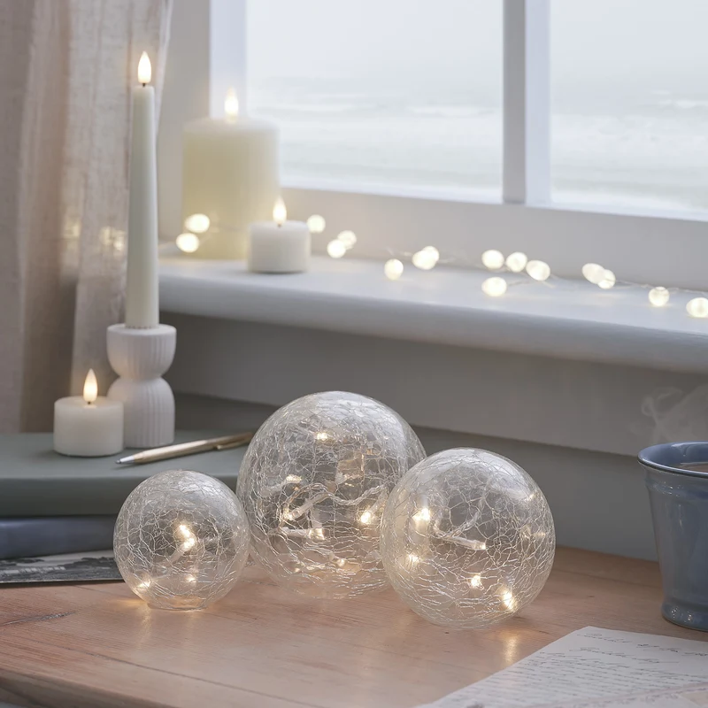Lot de 3 Boules Lumineuses en Verre Craquelé à Piles