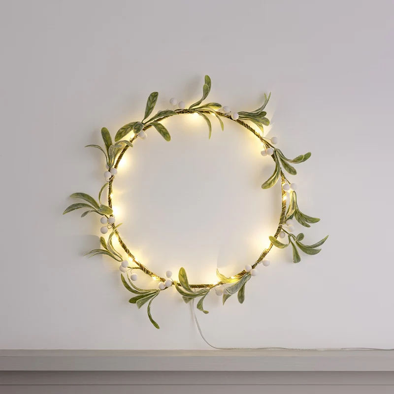 Couronne de Noël Minimaliste Pré-éclairée en Gui de 25 cm