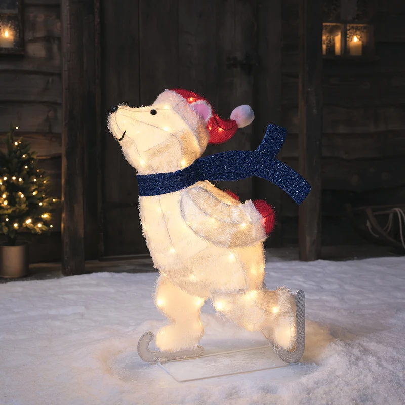 Ours Polaire Lumineux sur Patins à Glace, Figurine de Noël à Piles