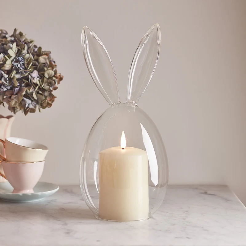 Lot de Cloche en Verre avec Oreilles de Lapin et Bougie Pilier TruGlow® de 10 cm