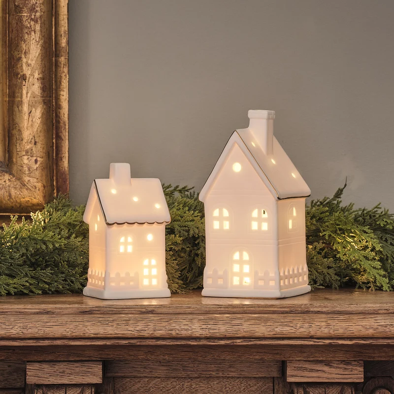 Lot de 2 Maisonnettes Lumineuses en Céramique Blanche