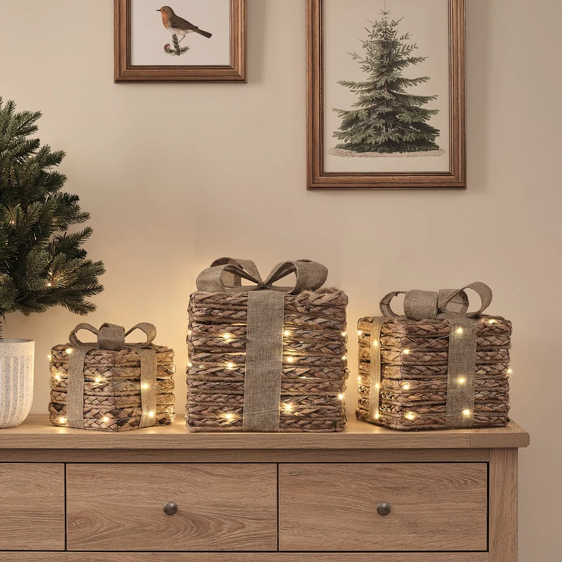 Lot de 3 Cadeaux Lumineux en Jute à Micro LED