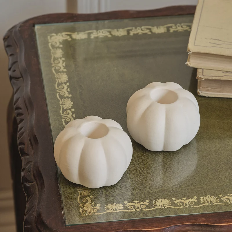 Lot de 2 Bougeoirs Citrouille en Céramique Blanche Mate