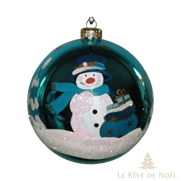 Boule de Noël faite main - Vert - Bonhomme de neige et ses cadeaux
