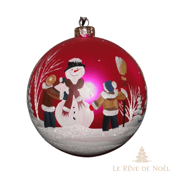 Boule de Noël faite main - Rouge - Bonhomme de neige et ses amis
