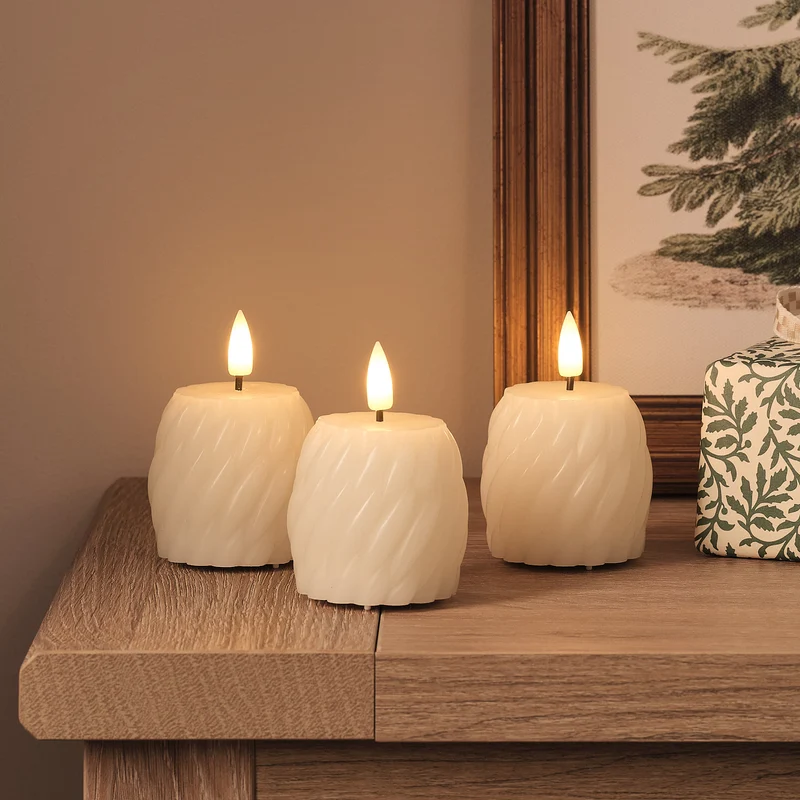 Lot de 3 Bougies Votives TruGlow® Ivoire Motif Tourbillon à LED avec Télécommande