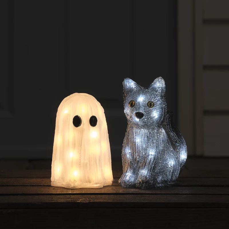 Duo de Décorations Halloween Lumineuses en Acrylique – Chat & Fantôme