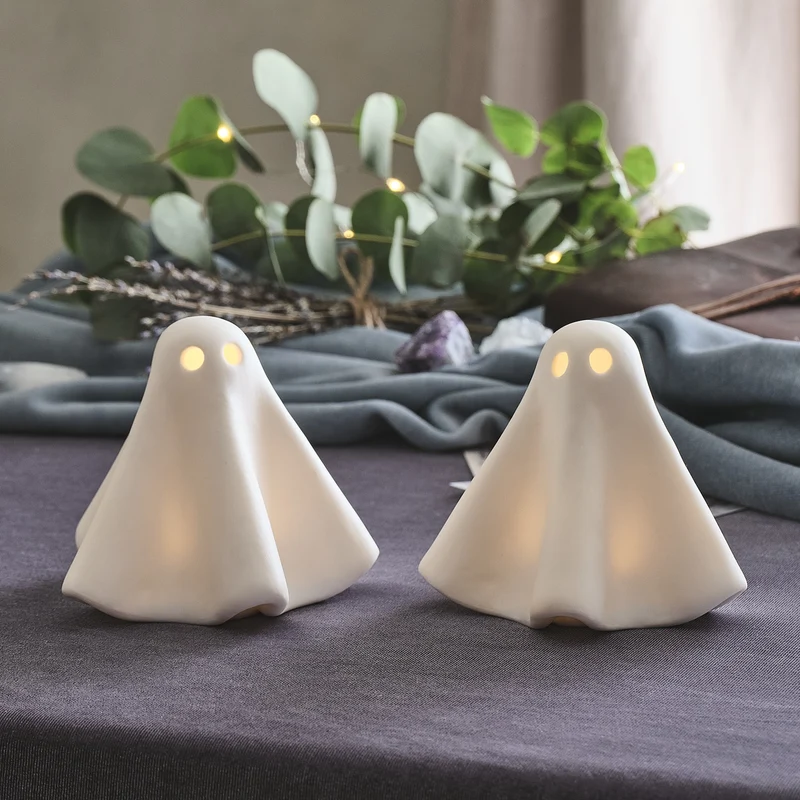 Lot de 2 Fantômes Lumineux Gérald en Céramique à LED Blanc Chaud