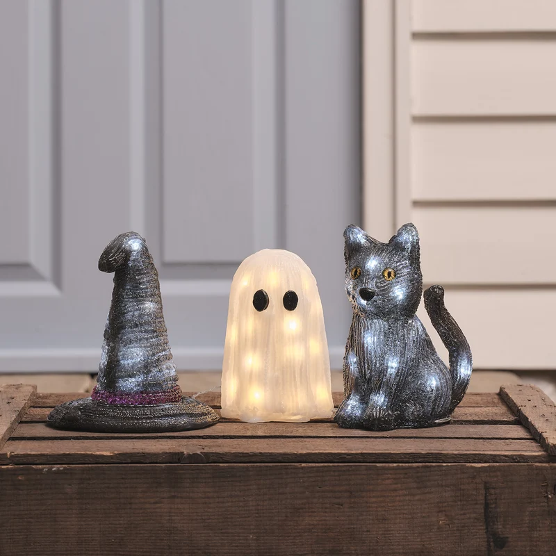 Trio de Décorations Halloween Lumineuses en Acrylique - Chat, Fantôme & Chapeau de Sorcière