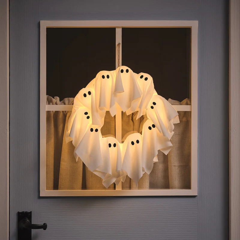 Couronne Fantômes d'Halloween de 32 cm à LED Blancs