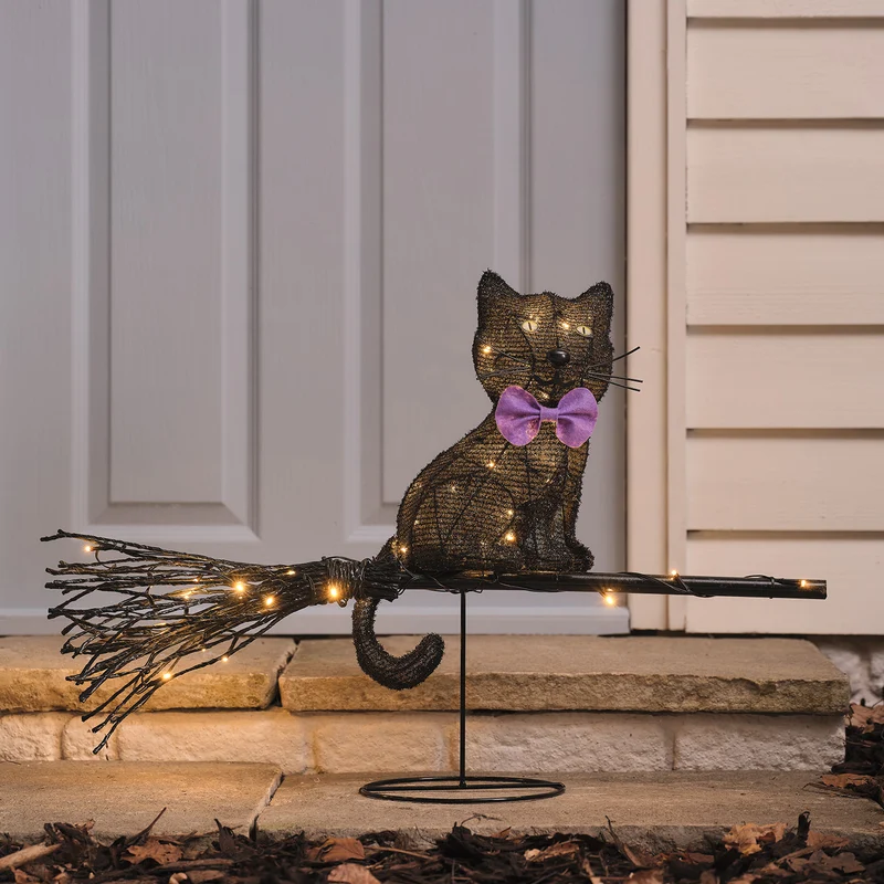 Chat de Sorcière sur Balai à LED Blanc Chaud