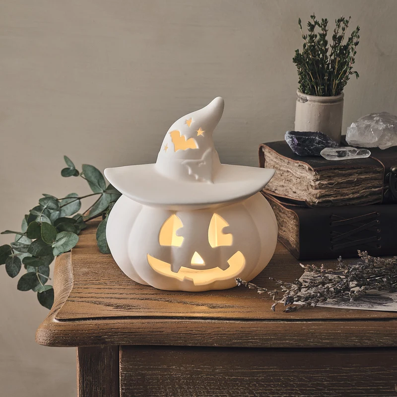 Citrouille Lumineuse d'Halloween en Céramique à LED Blanc Chaud