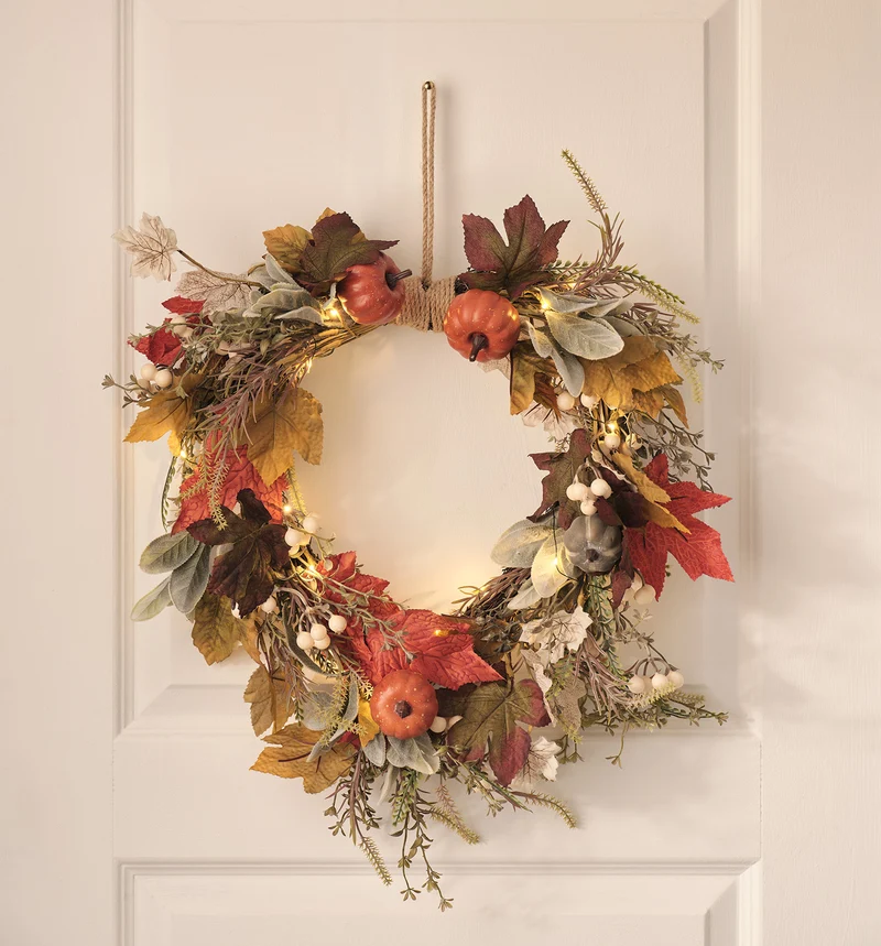 Couronne d’Automne Pré-éclairée Jardin de Citrouilles de 50 cm