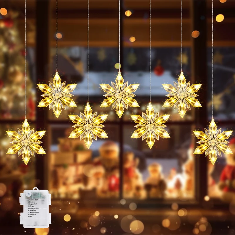Quntis 7-Piece Crystal Snowflake Window Lights, 84 LED Warm White Battery Operated