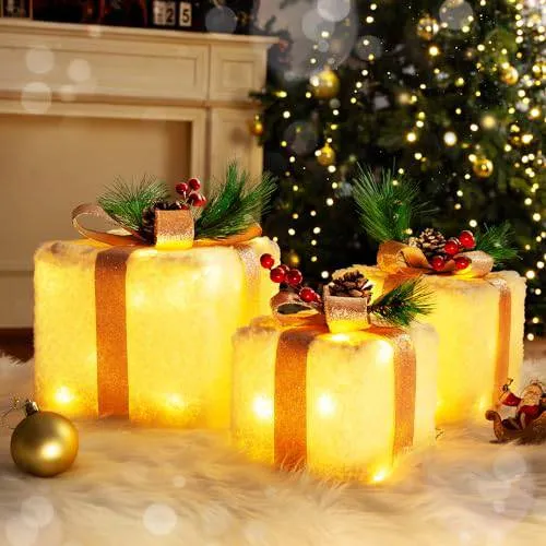 3-Pack Lighted Christmas Gift Box Set with Pine Cones & Red Berries – 60 LED Pre-Lit Present Boxes for Indoor Holiday Décor, Under Tree, Mantel & Table Display