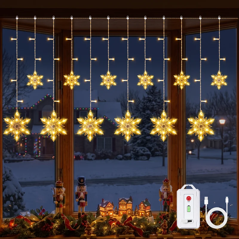 Rechargeable Snowflake Christmas Lights, 12 Hanging Snowflakes, 144 Warm White LEDs, 8 Modes, Timer, 10.8ft