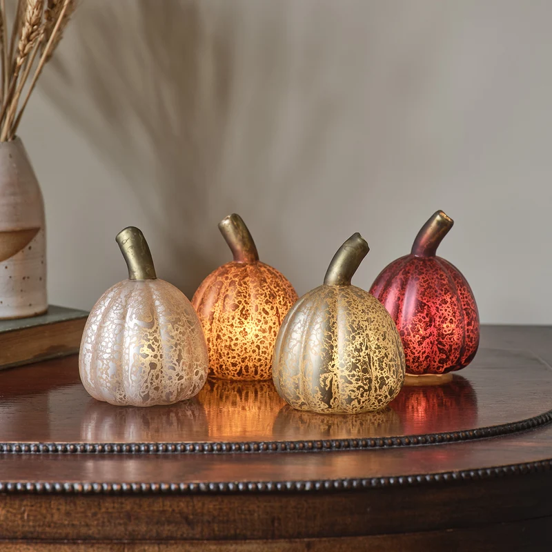 Lot de 4 Citrouilles Lumineuses en Verre à la Patine Blanche