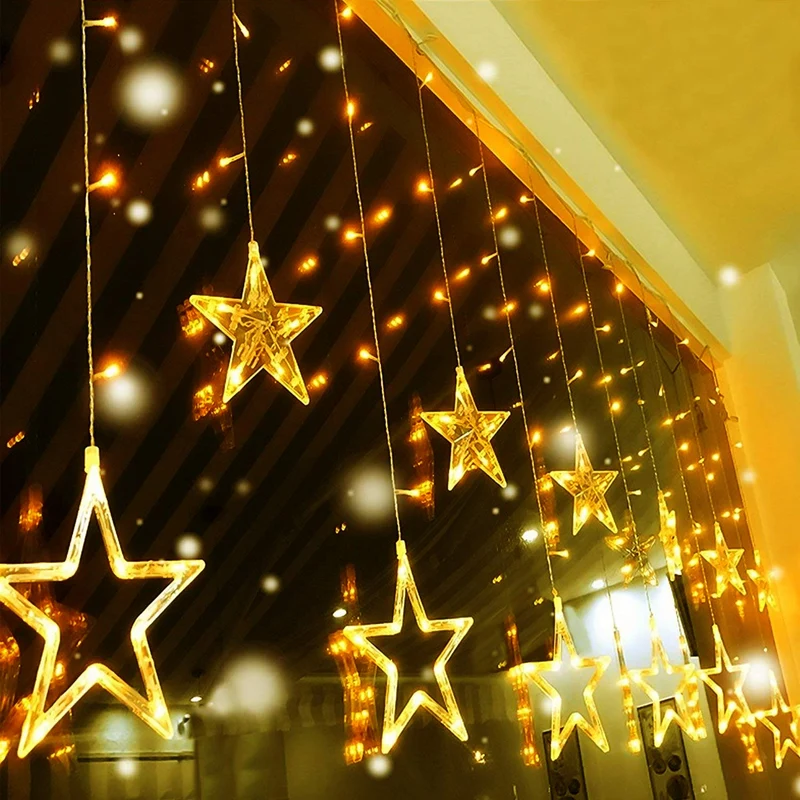 Quntis 138 LED 12-Star Connectable Xmas Curtain Lights – 6.5ft, Warm White, 8 Modes for Festive Decoration
