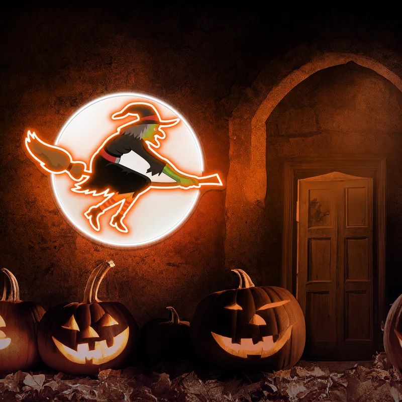 Halloween Witch Neon Sign – Flying Witch on Broom LED Wall Light for Spooky Party & Home Décor