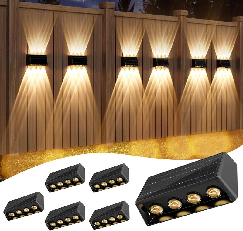 Quntis 6-Pack RGBCW Solar Fence Lights, Up and Down Wall Lights, 8 LED, 13 Color Modes, IP65 Waterproof, Outdoor Solar Lights for Garden, Porch, Yard, Stairs