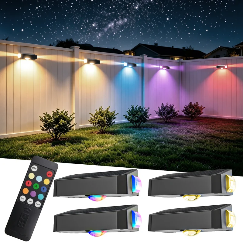 IP44 Waterproof Solar Wall Washer Lights with Remote, RGBCW Color Changing Solar Fence Lights, Outdoor Decorative Lighting for Garden