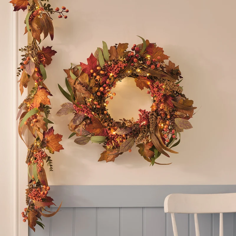 Lot de Couronne et Guirlande d’Automne Pré-éclairées Feuilles d’Érable