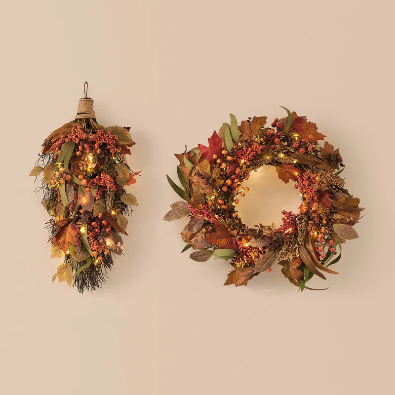 Lot de Couronne et Bouquet Mural d’Automne Pré-éclairés Feuilles d’Érable