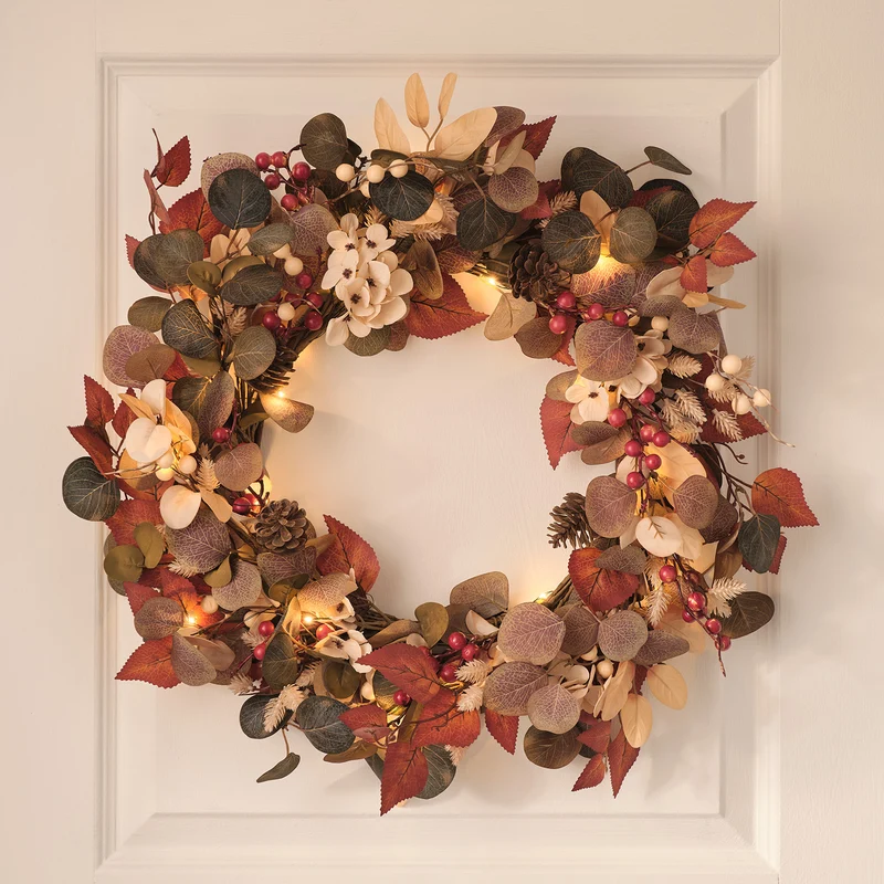 Couronne d’Automne Pré-éclairée Feuillage et Baies 40 cm