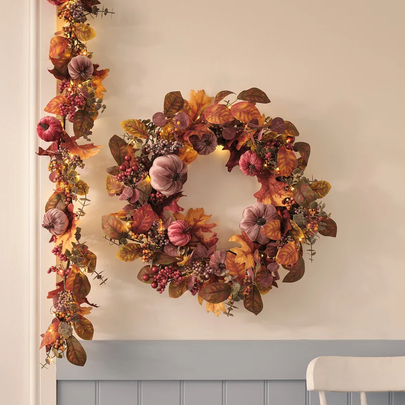 Lot Couronne & Guirlande d’Automne Pré-éclairées à Citrouilles en Velours