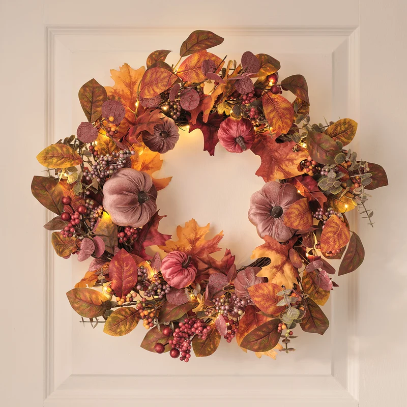 Couronne d’Automne Pré-éclairée à Citrouilles en Velours de 40 cm