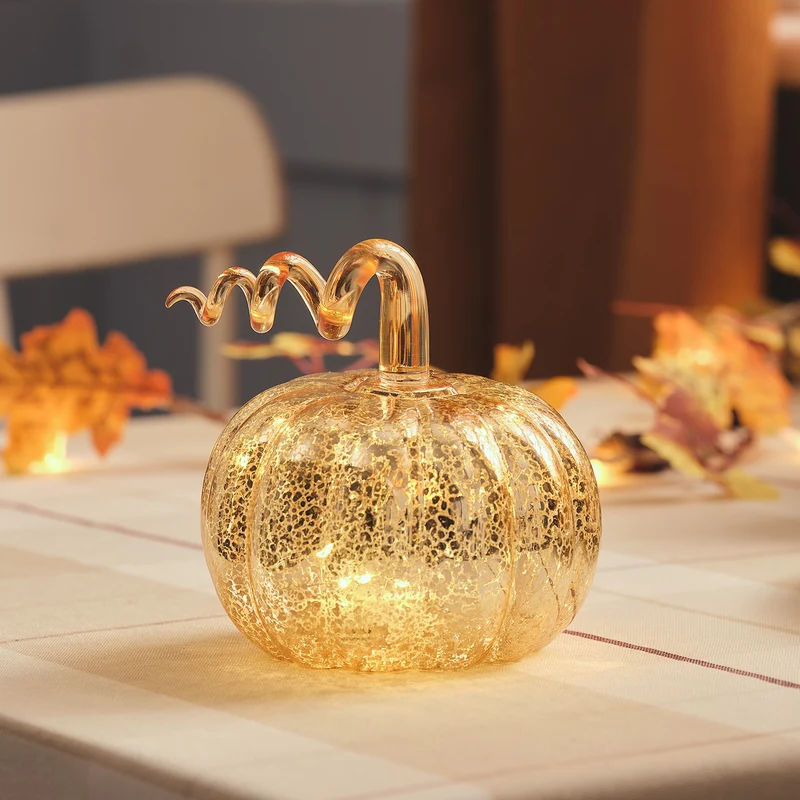 Citrouille Lumineuse Dorée en Verre Effet Mercure à Tige Spirale