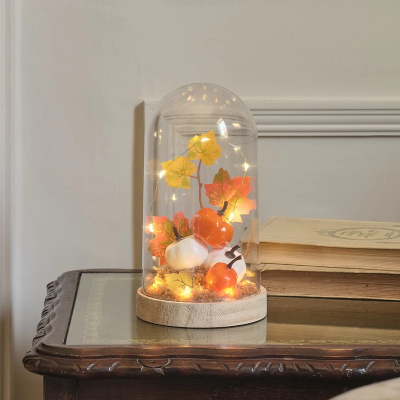 Cloche en Verre Lumineuse Citrouilles d’Automne