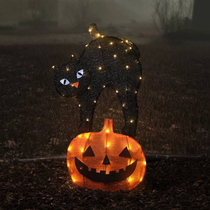Silhouette Lumineuse Chat Noir et Citrouille d'Halloween