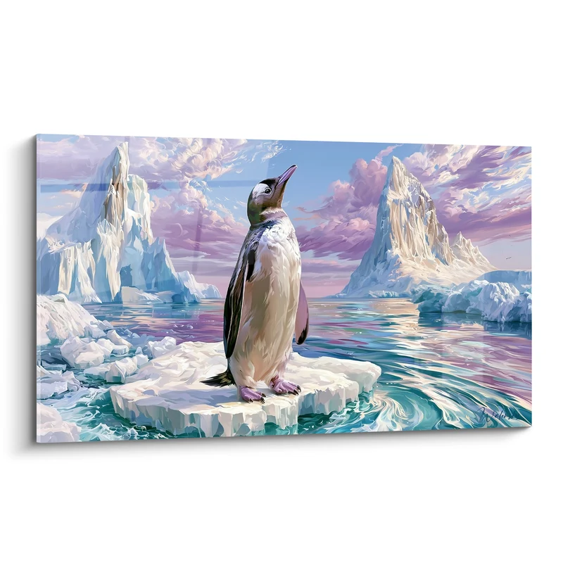 Tableau Pingouin blanc et mauve sur banquise - Contemplation polaire - Edition Pingouin