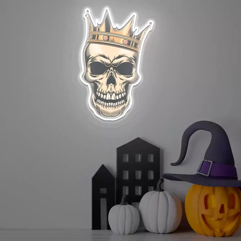 King Skull Neon Sign Crowned Skeleton LED Wall Light for Game Rooms, Bars & Gothic Decor