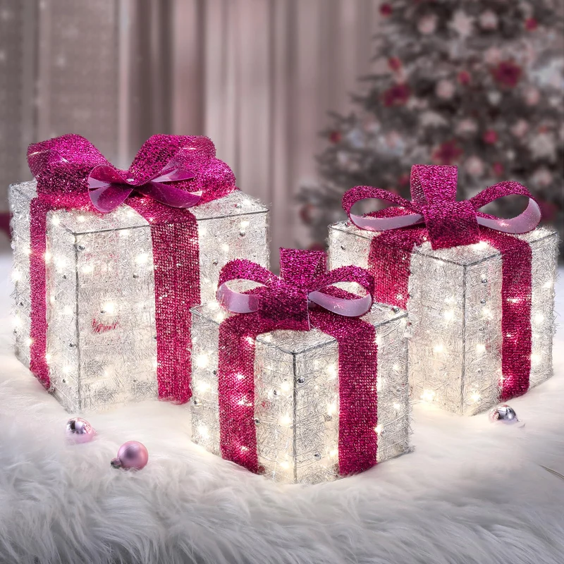 Quntis Christmas Decorations, Set of 3 Valentine's Day Gift Boxes with 140 LED Lights, 8 Flash Modes Lighted Present Boxes, Hot Pink Bow Xmas Boxes for Christmas Tree Indoor Outdoor Home Front Door