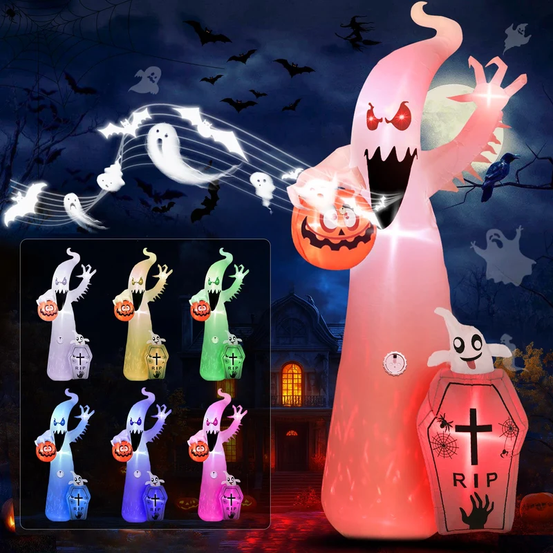 12FT 8-Color Changing Inflatable Halloween Decorations Outdoor,Quntis Huge Halloween Ghost Blow Up Inflatable with Scary Sound,Giant Halloween Decor for Holiday Party Indoor Patio Lawn Garden Yard