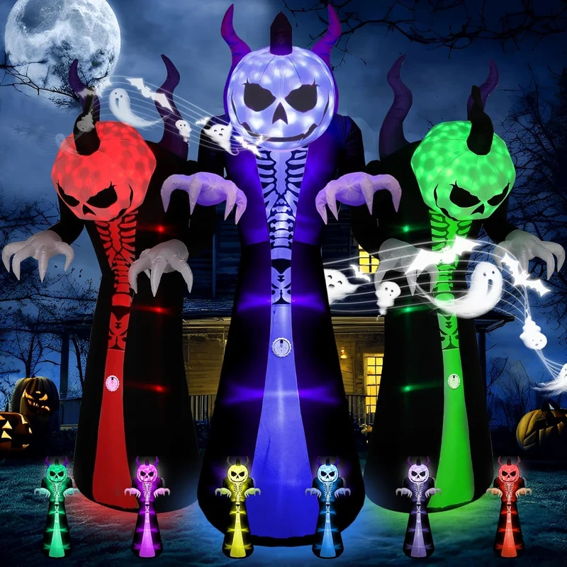 Quntis 10FT 8-Color Changing Inflatable Halloween Decorations Outdoor, Quntis Halloween Inflatables Grim Reaper Ghost LED Lighted with Scream Sound, Spooky Blow-Up Inflatable Pumpkin Ghost for Garden Yard Lawn
