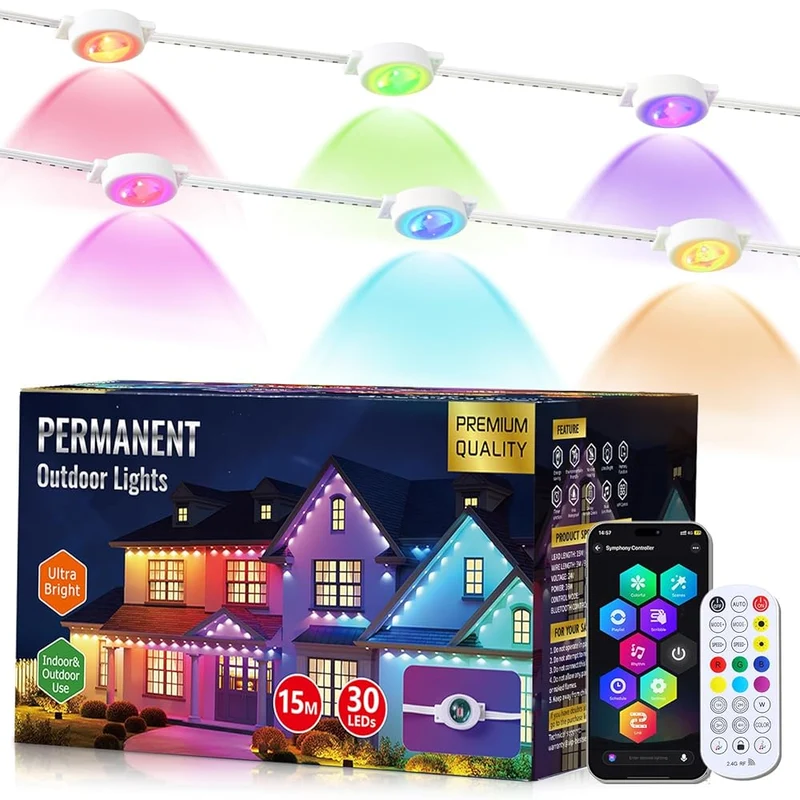 Quntis Easy-Install Smart Eave Lights, 50FT Permanent Outdoor Holiday Lights, RGBIC Exterior House Lights with Clips, Waterproof Smart Lighting for Christmas, Parties & Patio Decor