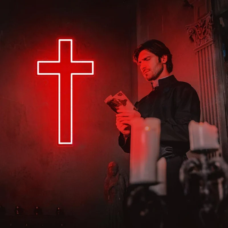 Glowing Cross Neon Wall Light Sacred Christian LED Neon Sign for Bedroom, Prayer Room, Church & Inspirational Home Decor