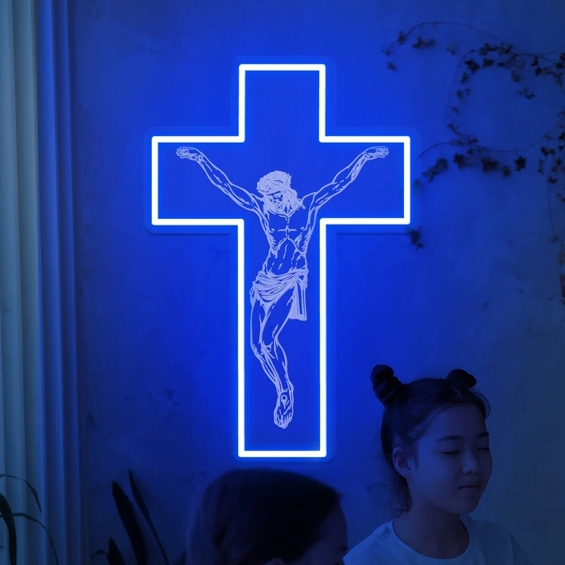 3D Engraved Jesus Cross Neon Wall Light Sacred Christian LED Neon Sign for Home, Church, Prayer Room & Inspirational Faith Decor
